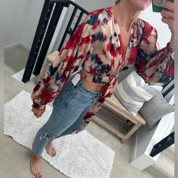 ACOA red & tan holiday dinner date cropped tie long sleeve blouse sexy NWT M - Picture 7 of 15